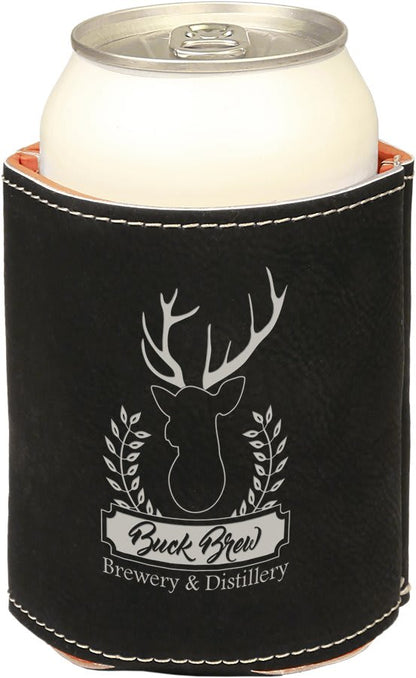 Black and Silver laser engraved custom logo 3 3/4" leatherette can holder