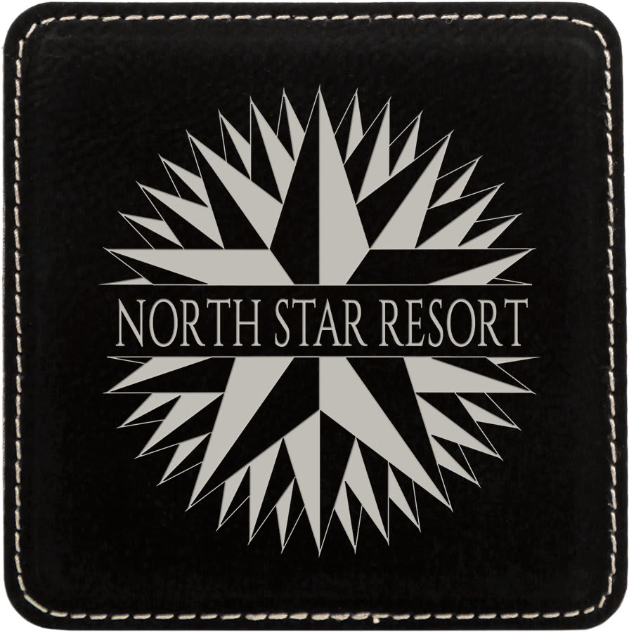 Square 4" x 4" Black and Silver laser engraved custom logo leatherette coaster