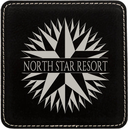 Square 4" x 4" Black and Silver laser engraved custom logo leatherette coaster