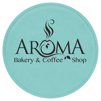 Round 4" Teal laser engraved custom logo leatherette coaster