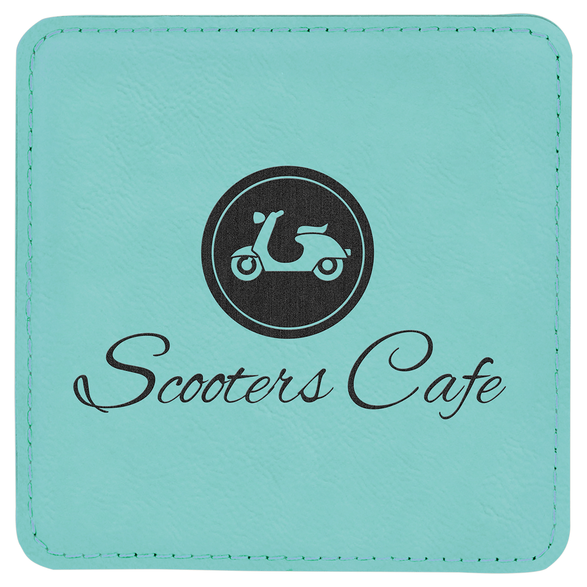 Square 4" x 4" Teal laser engraved custom logo leatherette coaster