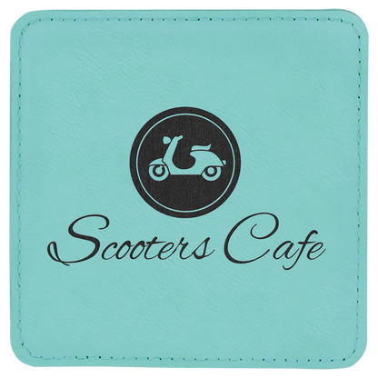 Square 4" x 4" Teal laser engraved custom logo leatherette coaster