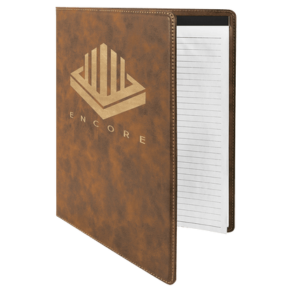 9.5" x 12" Rustic/Gold laser engraved leatherette portfolio with notepad, custom logo padfolio