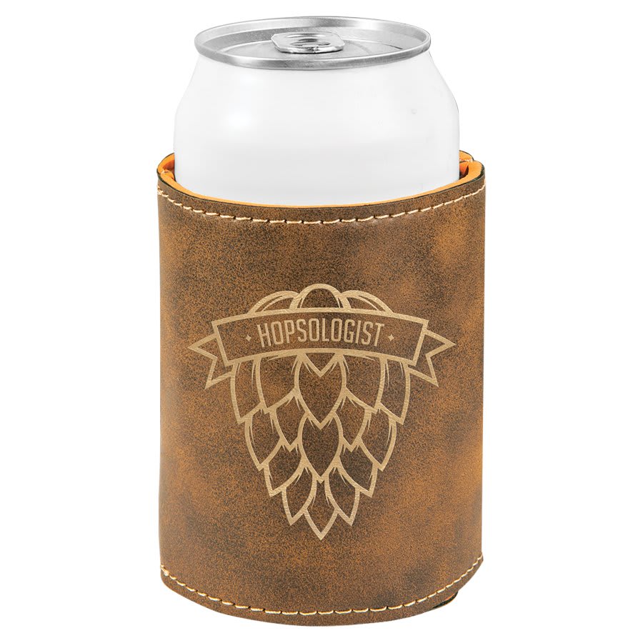 Rustic and Gold laser engraved custom logo 3 3/4" leatherette can holder