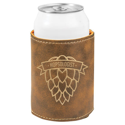 Rustic and Gold laser engraved custom logo 3 3/4" leatherette can holder