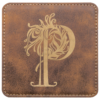 Square 4" x 4" Rustic and Gold laser engraved custom logo leatherette coaster