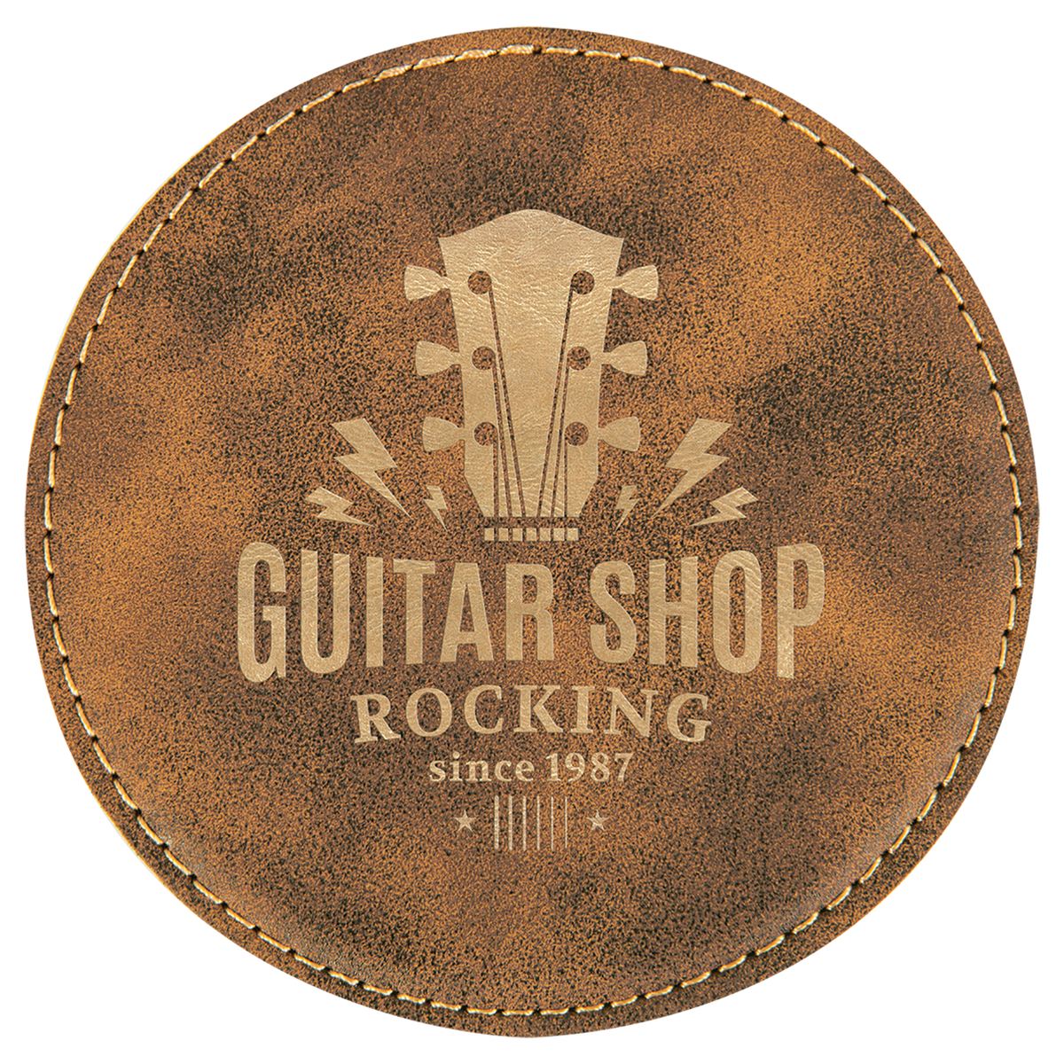 Round 4" Rustic and Gold laser engraved custom logo leatherette coaster