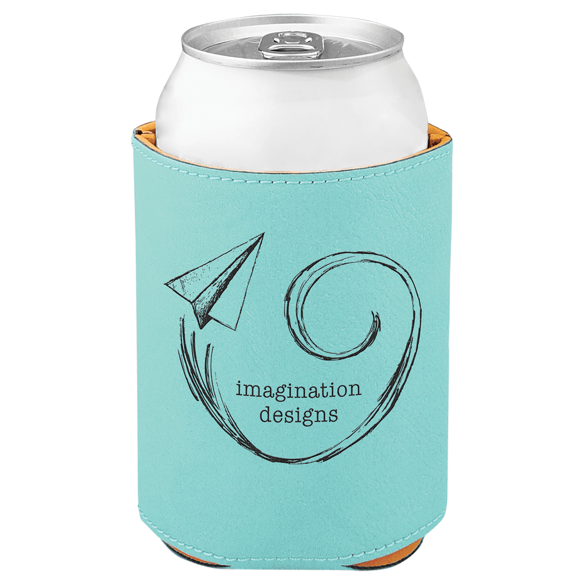 Teal laser engraved custom logo 3 3/4" leatherette can holder