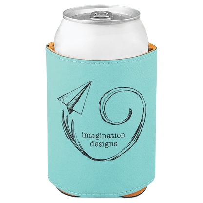 Teal laser engraved custom logo 3 3/4" leatherette can holder