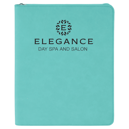 9.5" x 12" Teal laserable leatherette portfolio with zipper and notepad, custom engraved padfolio