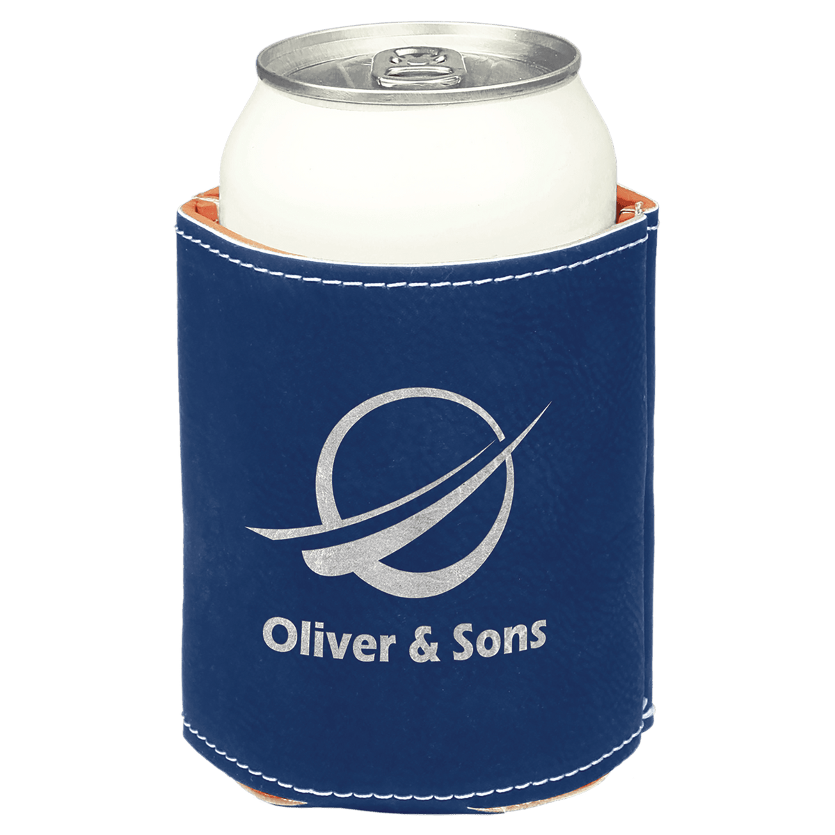 Blue and Silver laser engraved custom logo 3 3/4" leatherette can holder