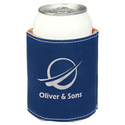 Blue and Silver laser engraved custom logo 3 3/4" leatherette can holder