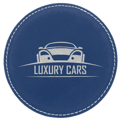 Round 4" Blue and Silver laser engraved custom logo leatherette coaster