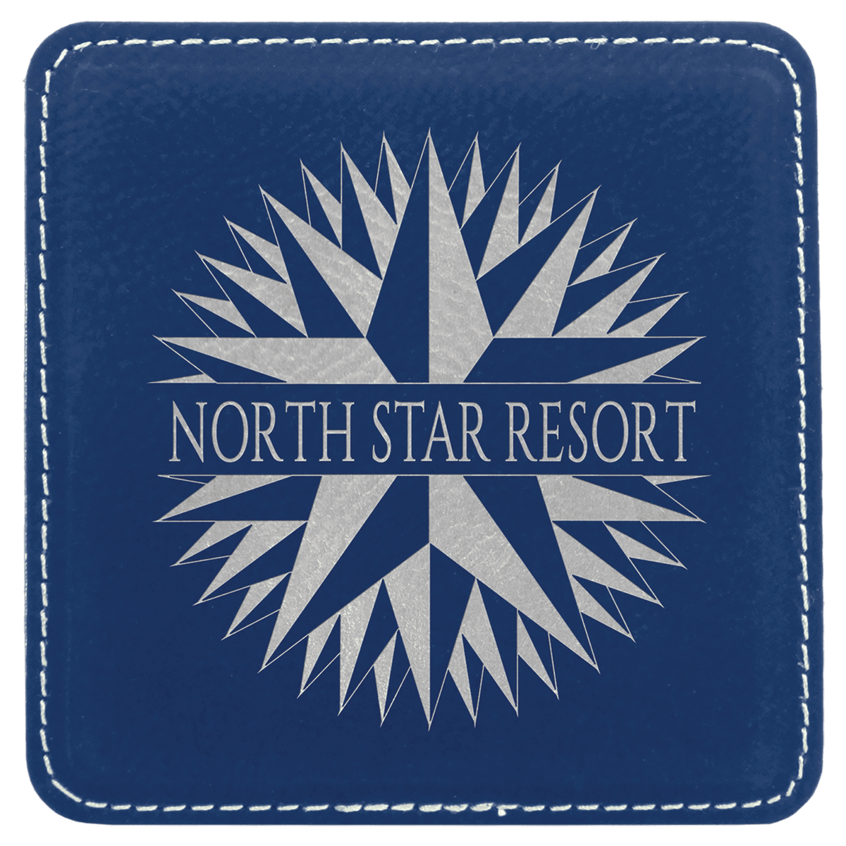 Square 4" x 4" Blue and Silver laser engraved custom logo leatherette coaster