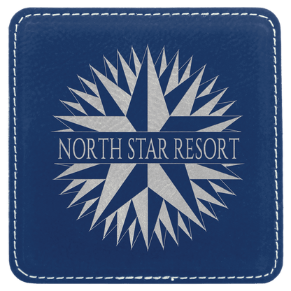 Square 4" x 4" Blue and Silver laser engraved custom logo leatherette coaster