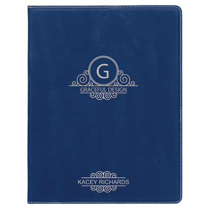 7" x 9" Blue/Silver laser engraved leatherette portfolio with notepad, custom logo padfolio