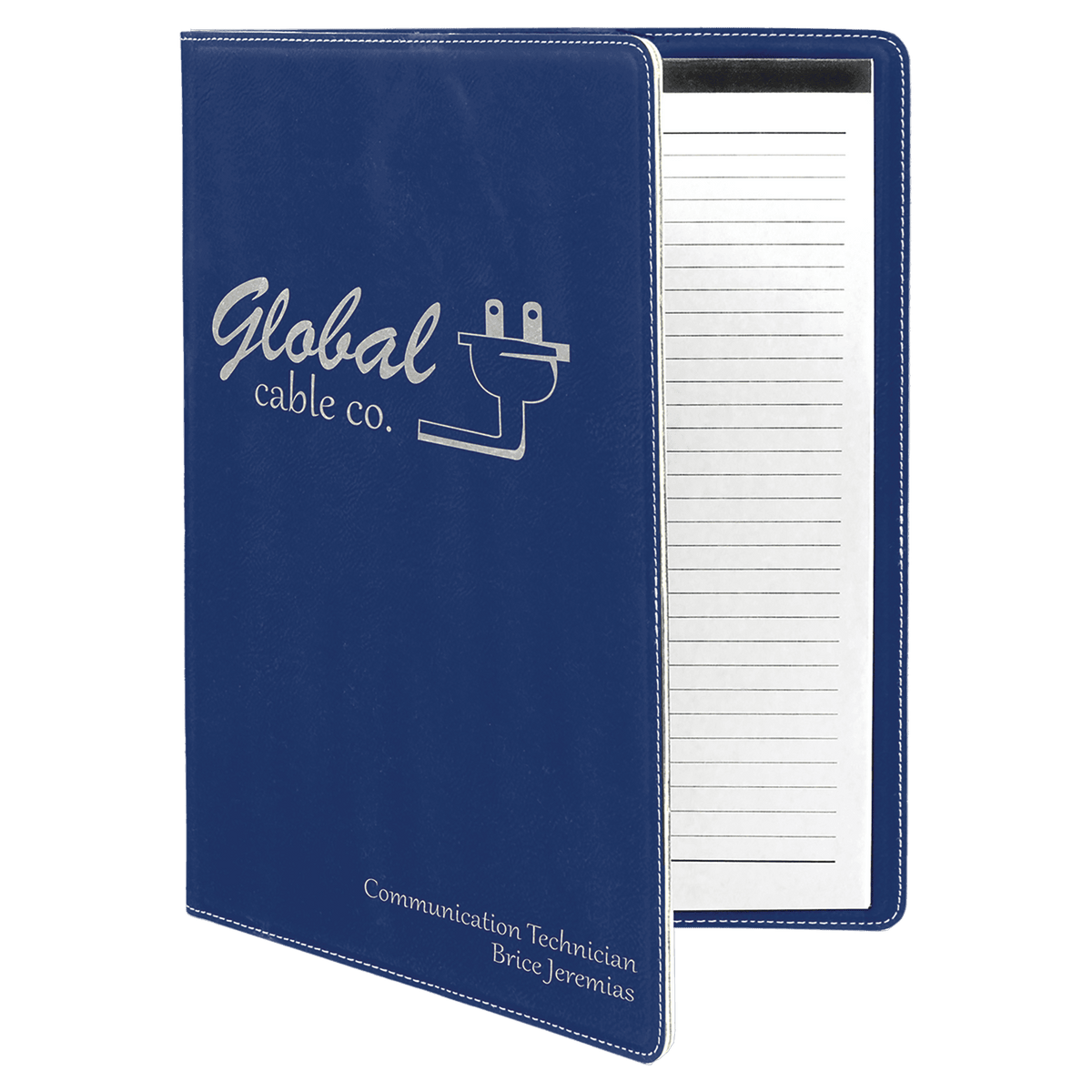 9.5" x 12" Blue/Silver laser engraved leatherette portfolio with notepad, custom logo padfolio
