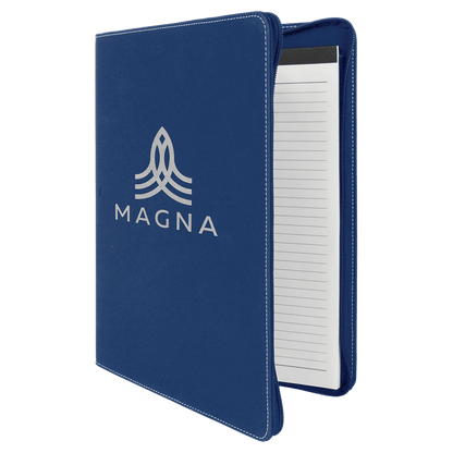 9.5" x 12" Blue/Silver laserable leatherette portfolio with zipper and notepad, custom engraved padfolio