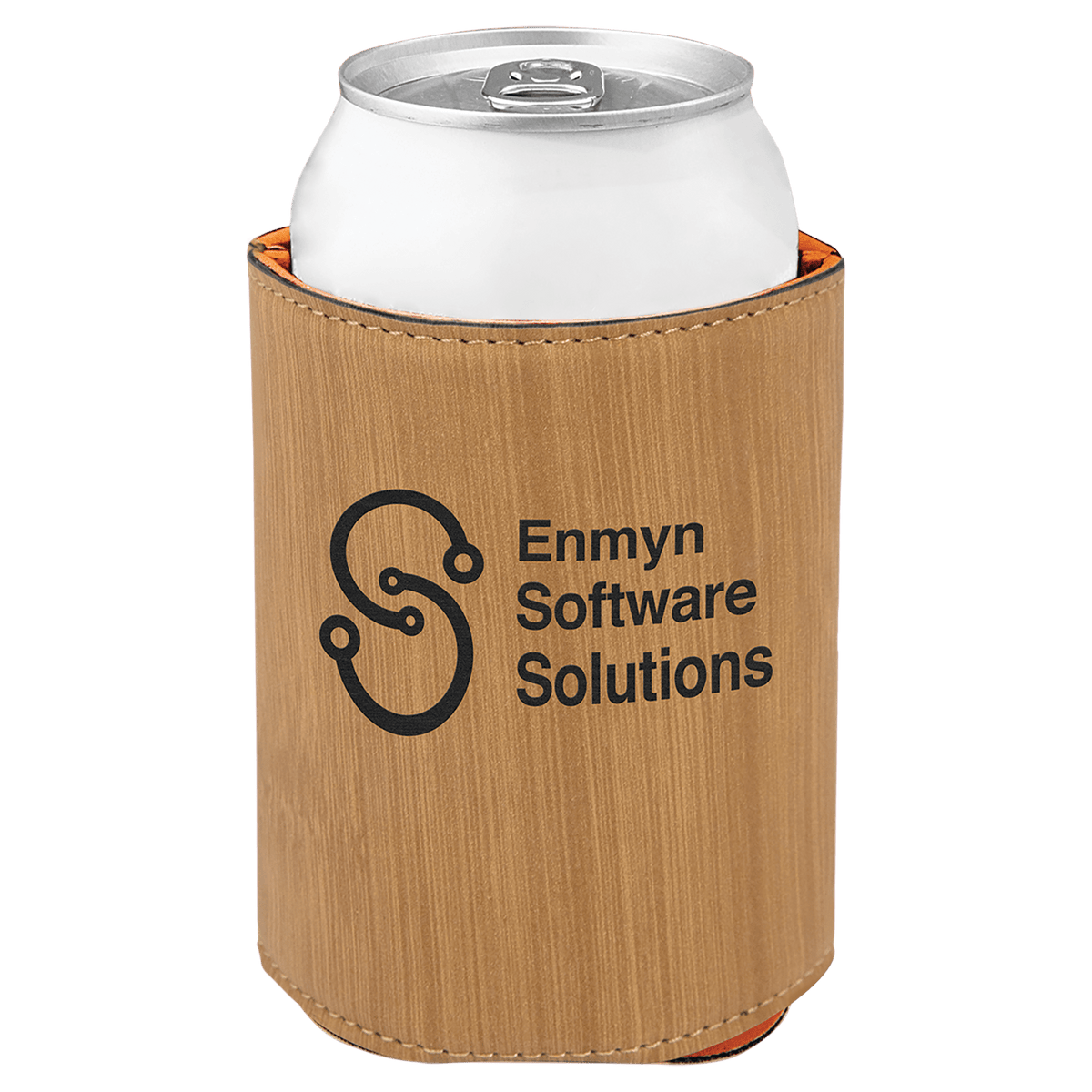 Bamboo laser engraved custom logo 3 3/4" leatherette can holder