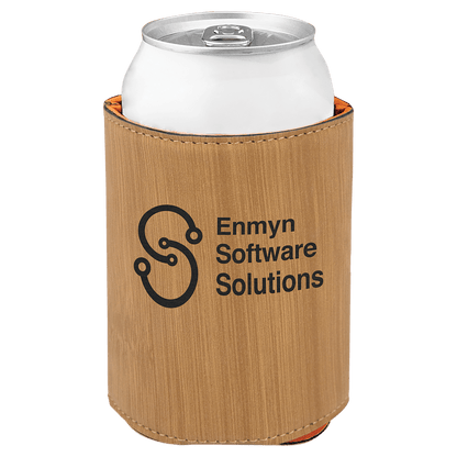 Bamboo laser engraved custom logo 3 3/4" leatherette can holder