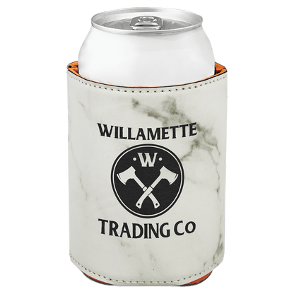 White Marble laser engraved custom logo 3 3/4" leatherette can holder