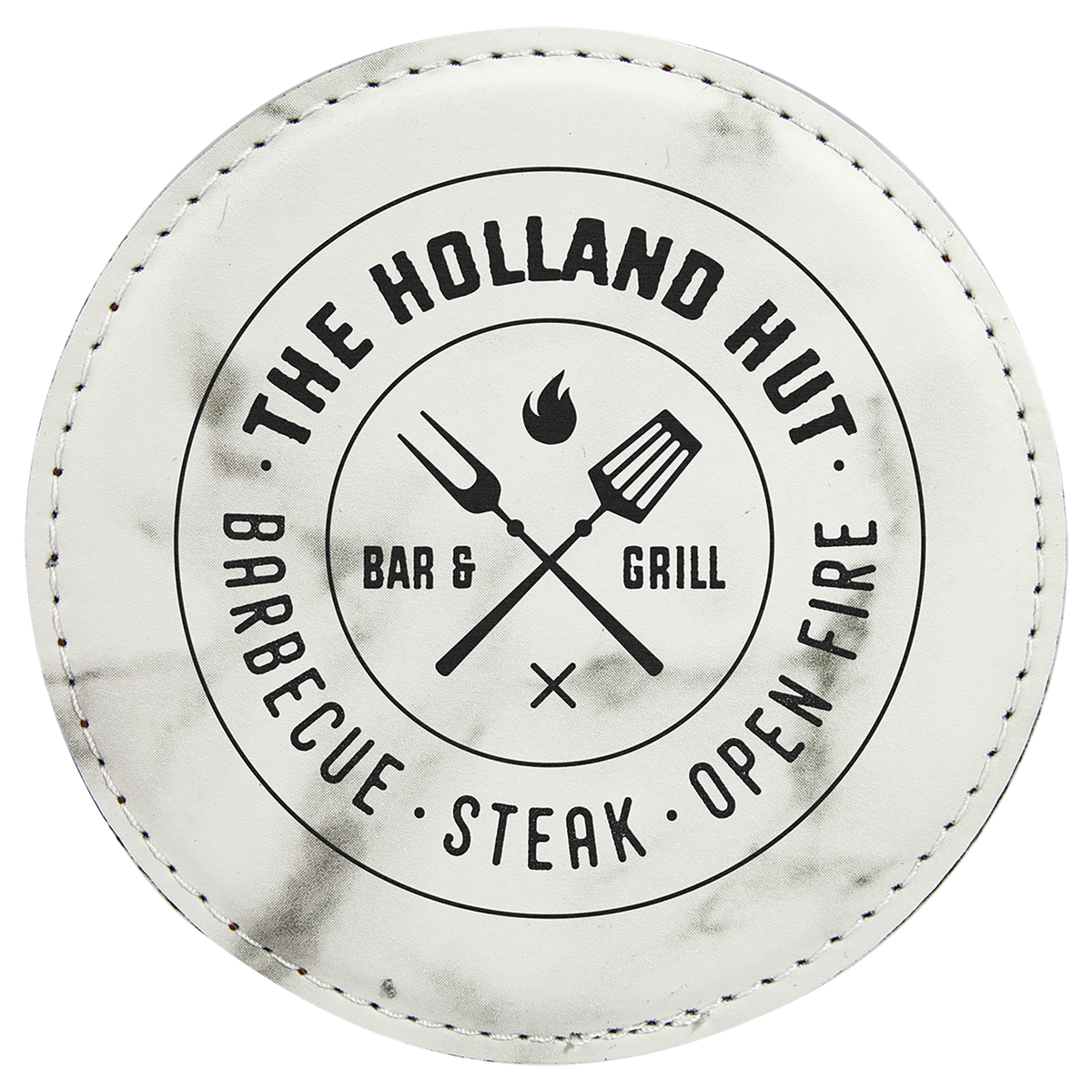Round 4" White Marble laser engraved custom logo leatherette coaster