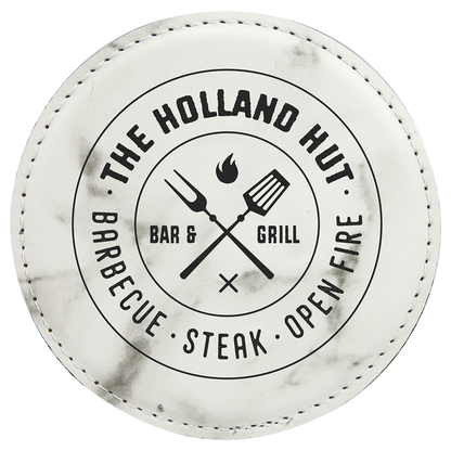 Round 4" White Marble laser engraved custom logo leatherette coaster