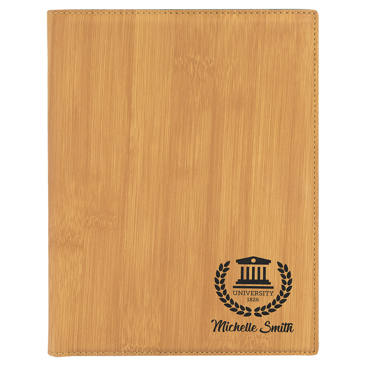 7" x 9" Bamboo laser engraved leatherette portfolio with notepad, custom logo padfolio