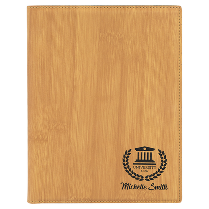 7" x 9" Bamboo laser engraved leatherette portfolio with notepad, custom logo padfolio