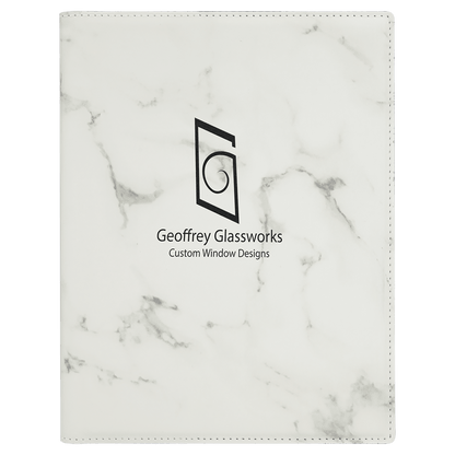 7" x 9" White Marble laser engraved leatherette portfolio with notepad, custom logo padfolio