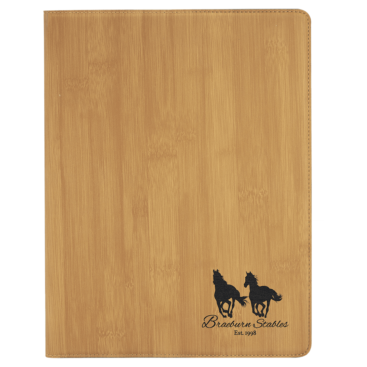 9.5" x 12" Bamboo laser engraved leatherette portfolio with notepad, custom logo padfolio
