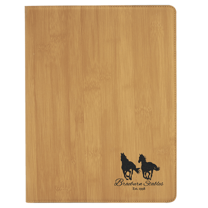 9.5" x 12" Bamboo laser engraved leatherette portfolio with notepad, custom logo padfolio