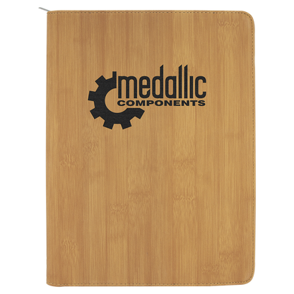 9.5" x 12" Bamboo laserable leatherette portfolio with zipper and notepad, custom engraved padfolio