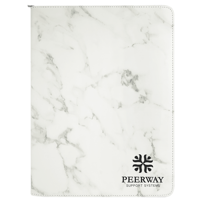 9.5" x 12" White Marble laserable leatherette portfolio with zipper and notepad, custom engraved padfolio