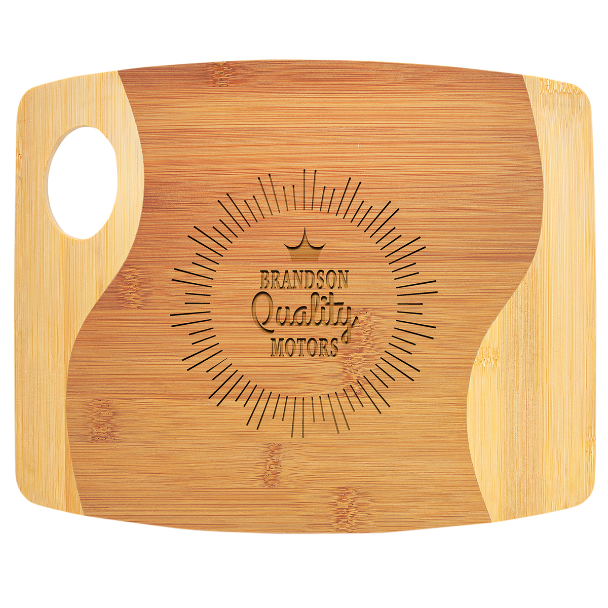 11" x 9" laser engraved custom logo two-tone bamboo cutting board with handle