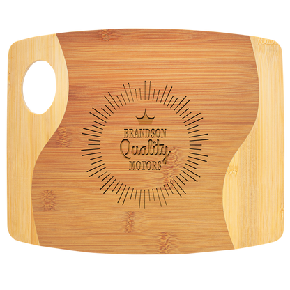 11" x 9" laser engraved custom logo two-tone bamboo cutting board with handle