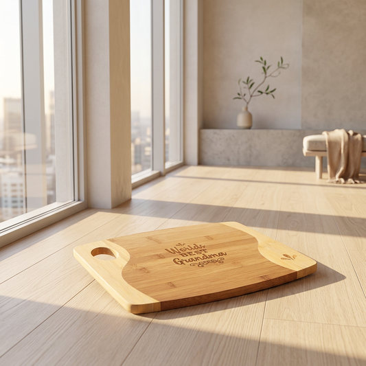 13 3/4" x 11" laser engraved custom logo two-tone bamboo cutting board with handle