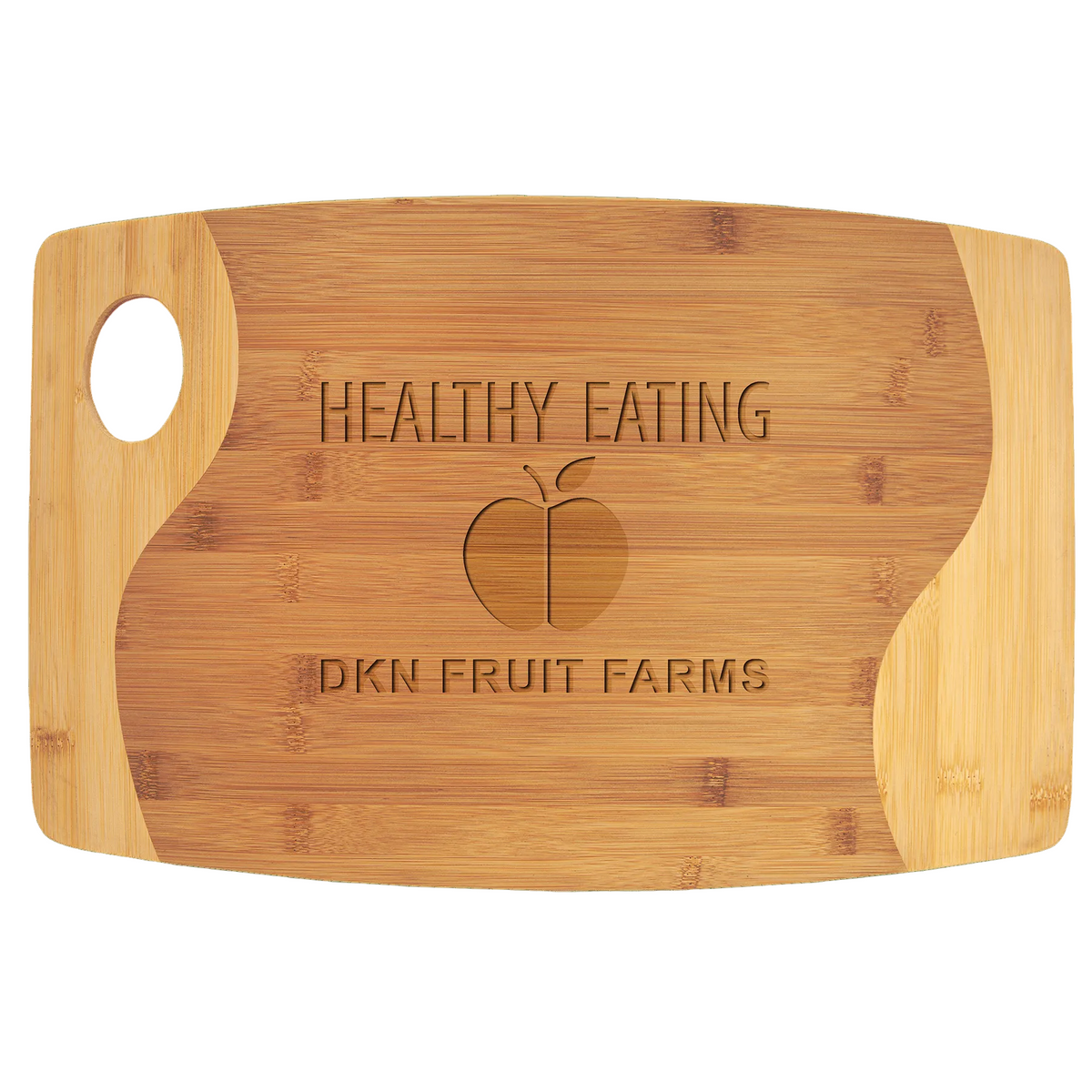 17 3/4" x 11 3/4" laser engraved custom logo two-tone bamboo cutting board with handle