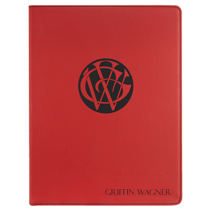 9.5" x 12" Red laser engraved leatherette portfolio with notepad, custom logo padfolio