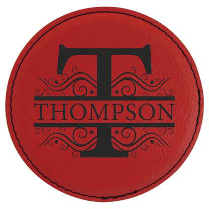 Round 4" Red laser engraved custom logo leatherette coaster