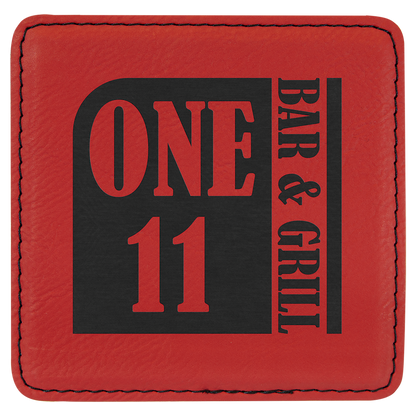 Square 4" x 4" Red laser engraved custom logo leatherette coaster