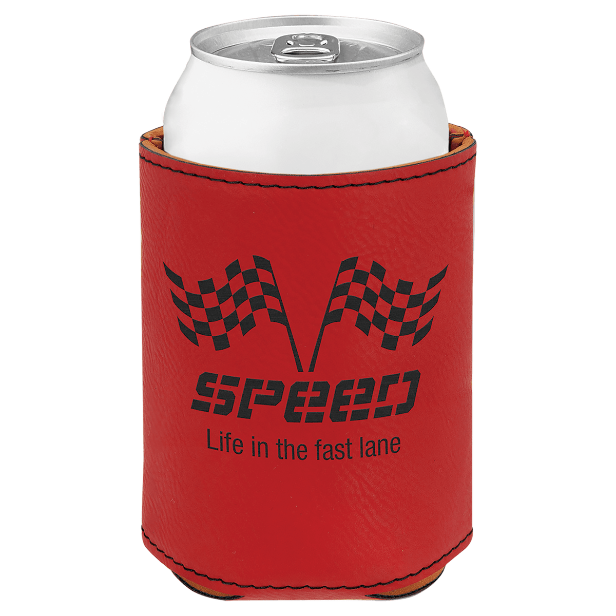 Red laser engraved custom logo 3 3/4" leatherette can holder