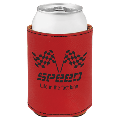Red laser engraved custom logo 3 3/4" leatherette can holder