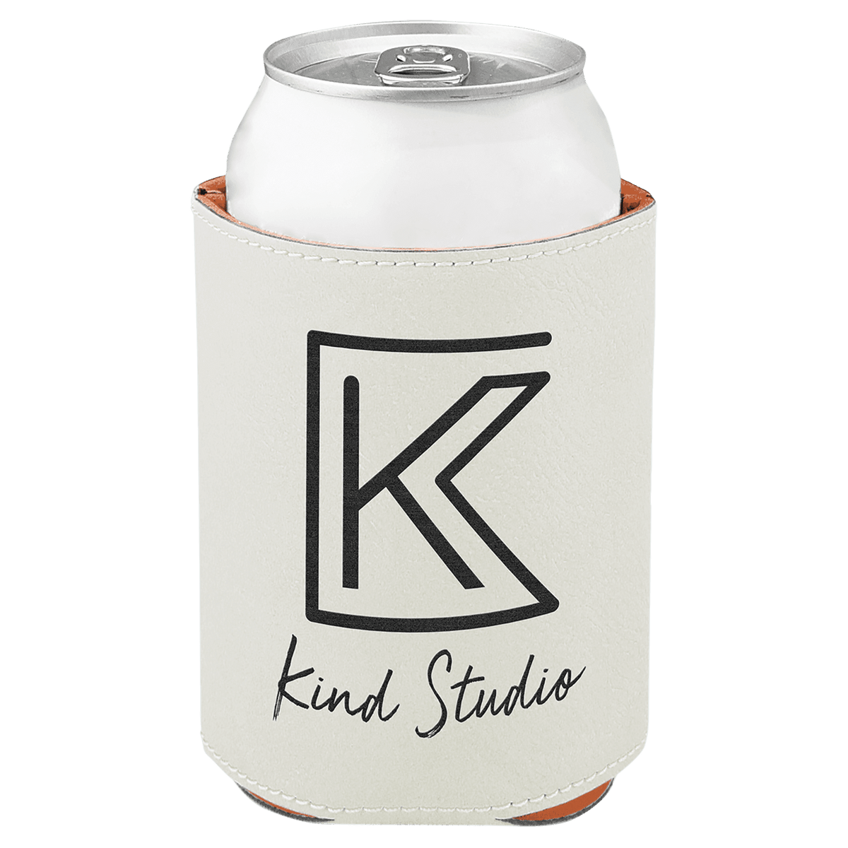 White laser engraved custom logo 3 3/4" leatherette can holder