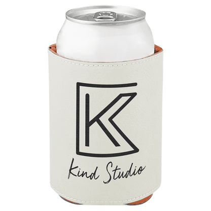 White laser engraved custom logo 3 3/4" leatherette can holder