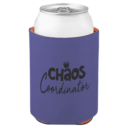 Purple laser engraved custom logo 3 3/4" leatherette can holder