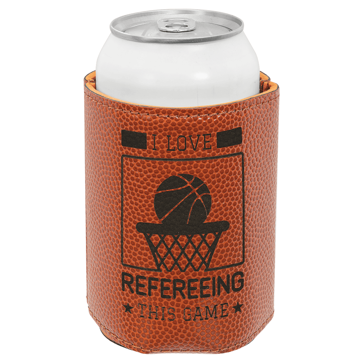 Basketball laser engraved custom logo 3 3/4" leatherette can holder