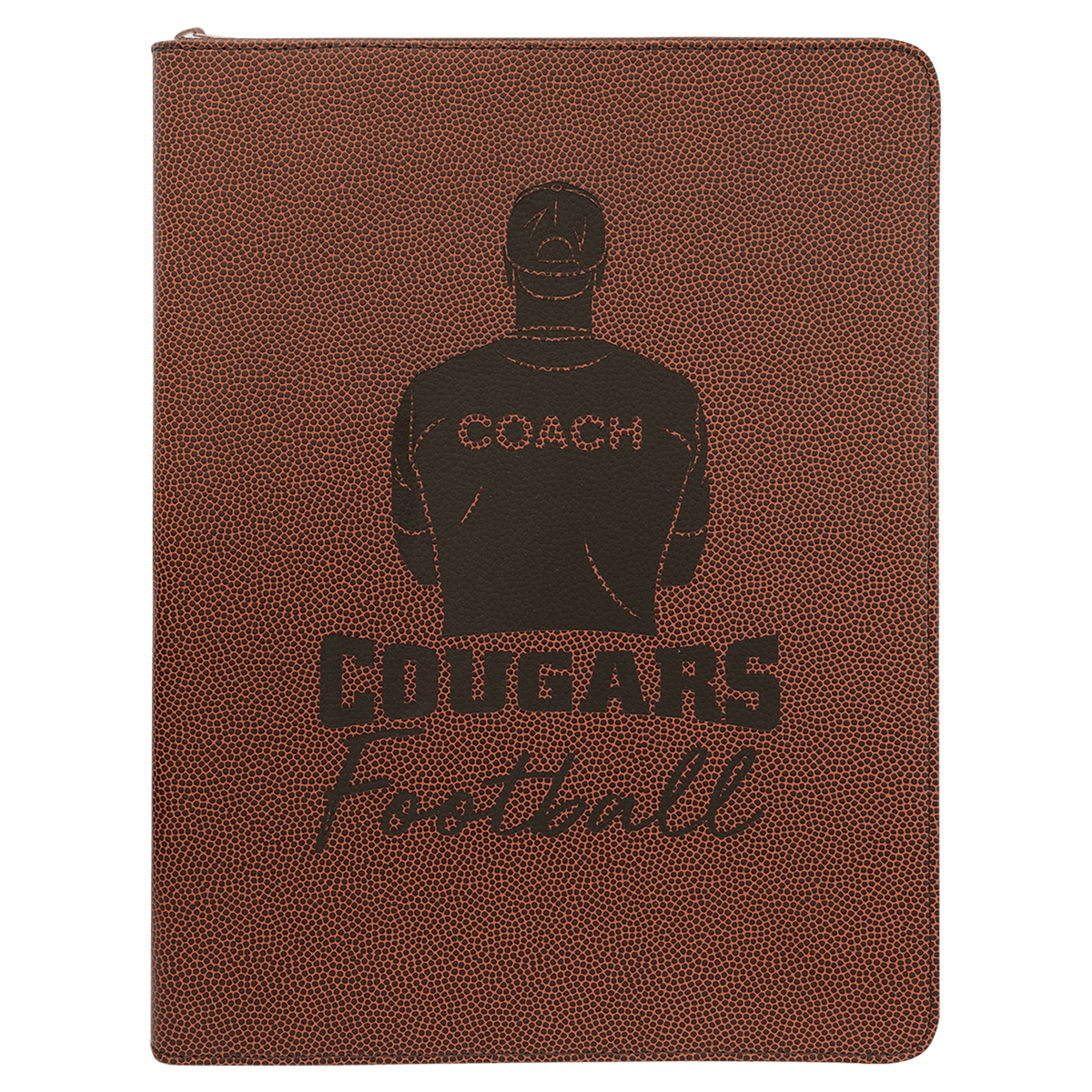 9.5" x 12" Football laserable leatherette portfolio with zipper and notepad, custom engraved padfolio