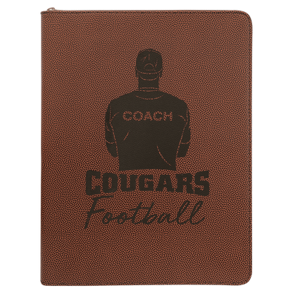9.5" x 12" Football laserable leatherette portfolio with zipper and notepad, custom engraved padfolio