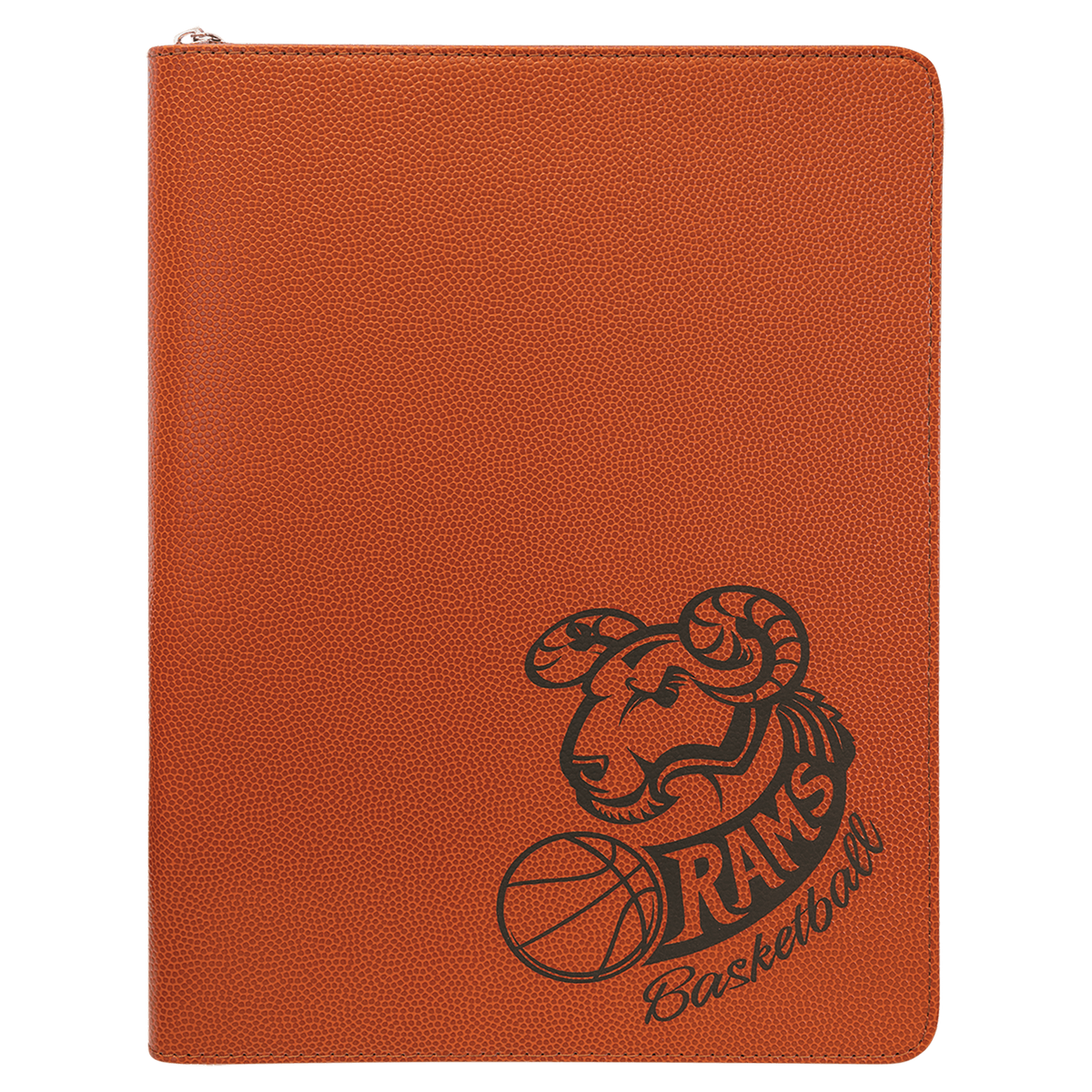 9.5" x 12" Basketball laserable leatherette portfolio with zipper and notepad, custom engraved padfolio